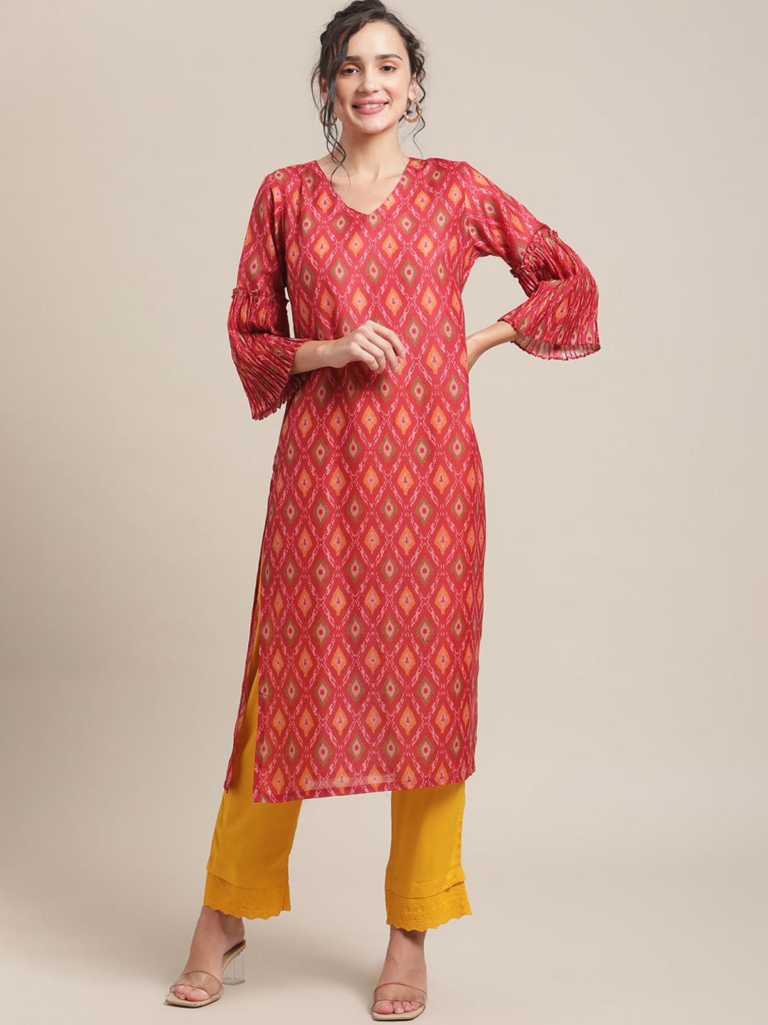 

Varanga Women Red & Yellow Ikat Printed Bell Sleeves Kurta