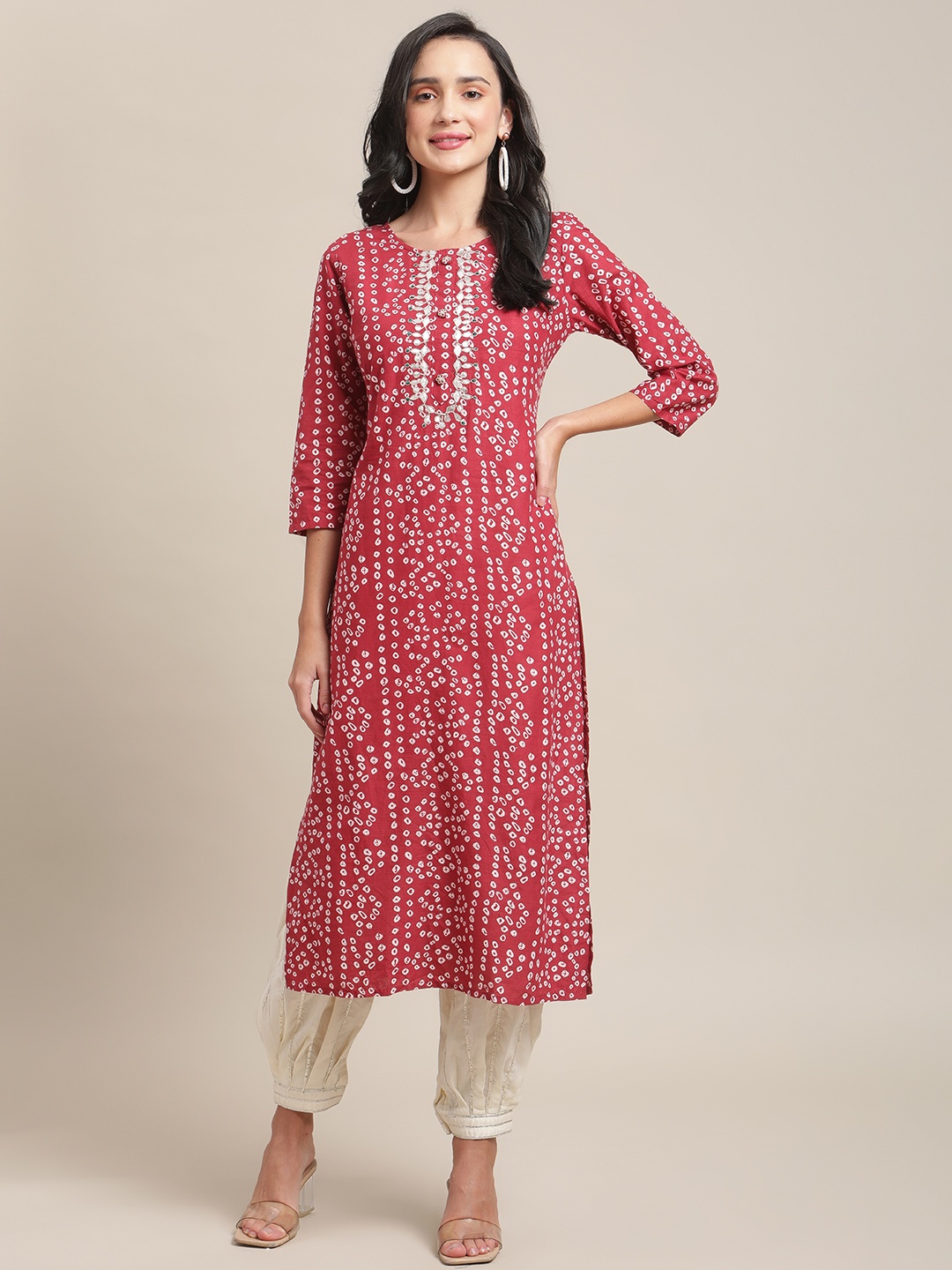 

Varanga Women Red Bandhani Printed Gotta Patti Kurta