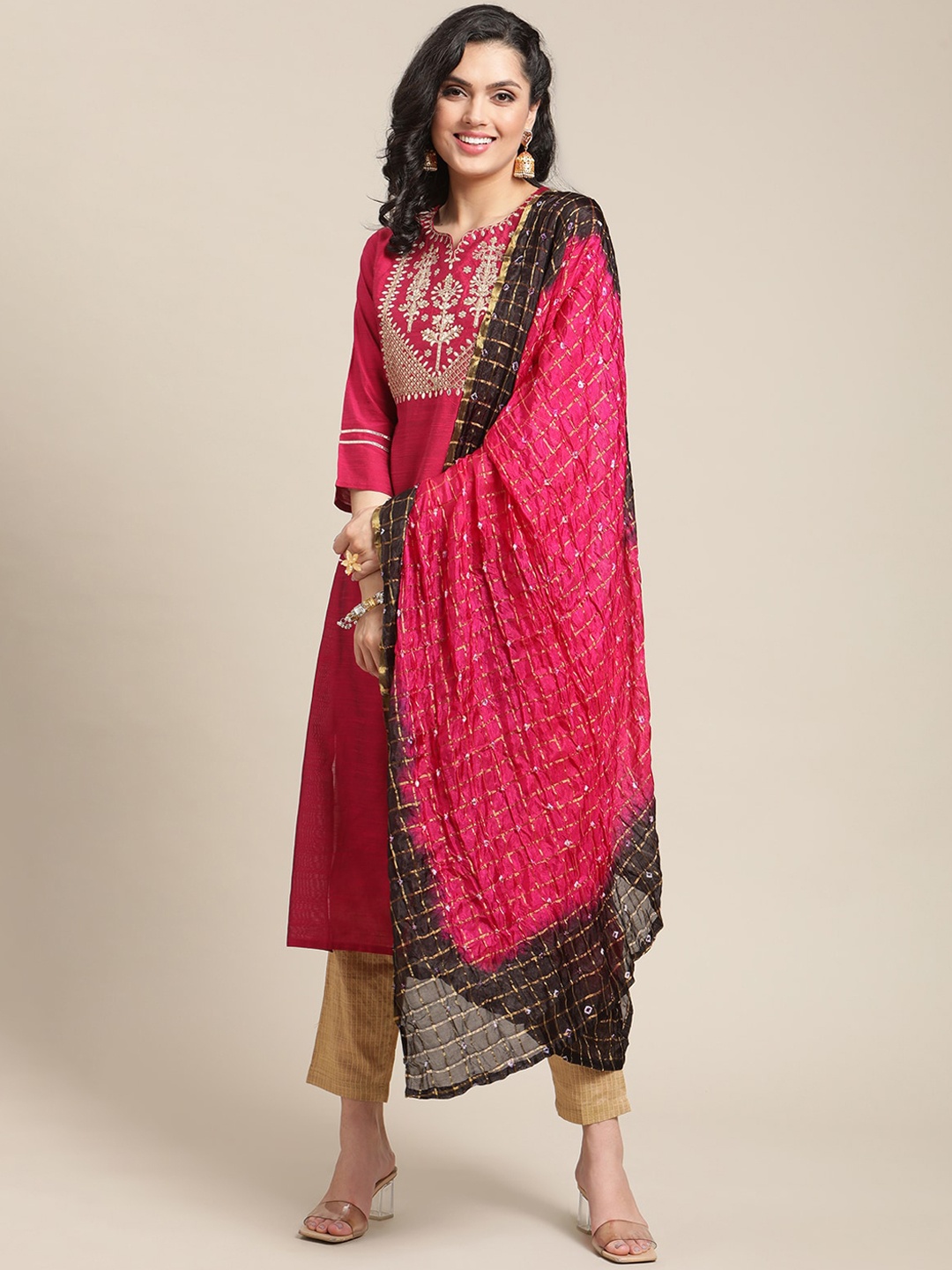 

Varanga Women Magenta Embroidered Kurti with Trousers & With Dupatta