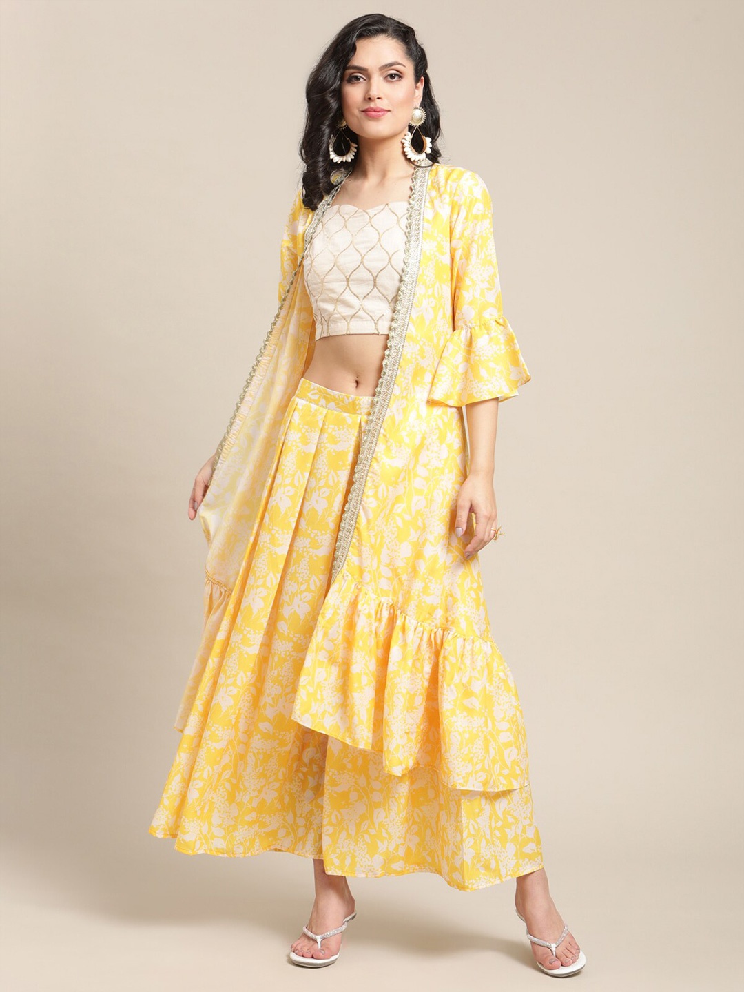 

Varanga Women Yellow And White Printed Top with Cape & Pleated Palazzos