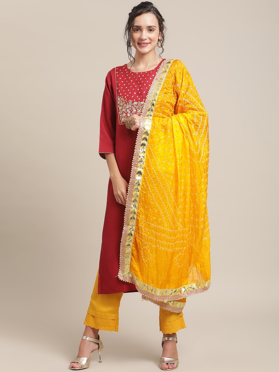 

Varanga Women Red & Yellow Yoke Design Regular Kurta with Trousers & Dupatta