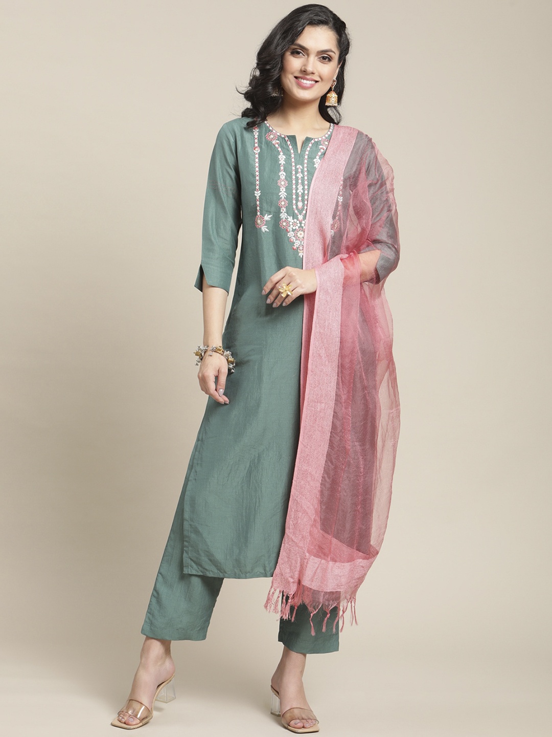 

Varanga Women Sea Green Yoke Design Kurti with Trousers & With Dupatta