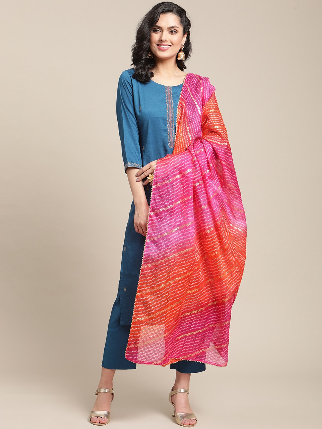 

Varanga Women Navy Blue Solid Regular Thread Work Kurta with Trousers &Dupatta