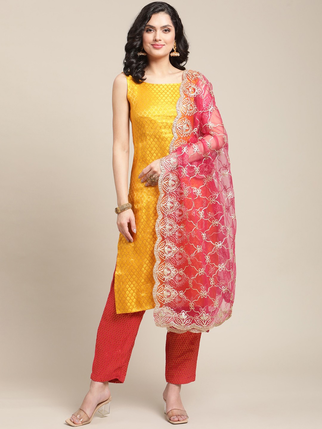 

Varanga Women Mustard Yellow Regular Gotta Patti Kurta with Trousers & With Dupatta