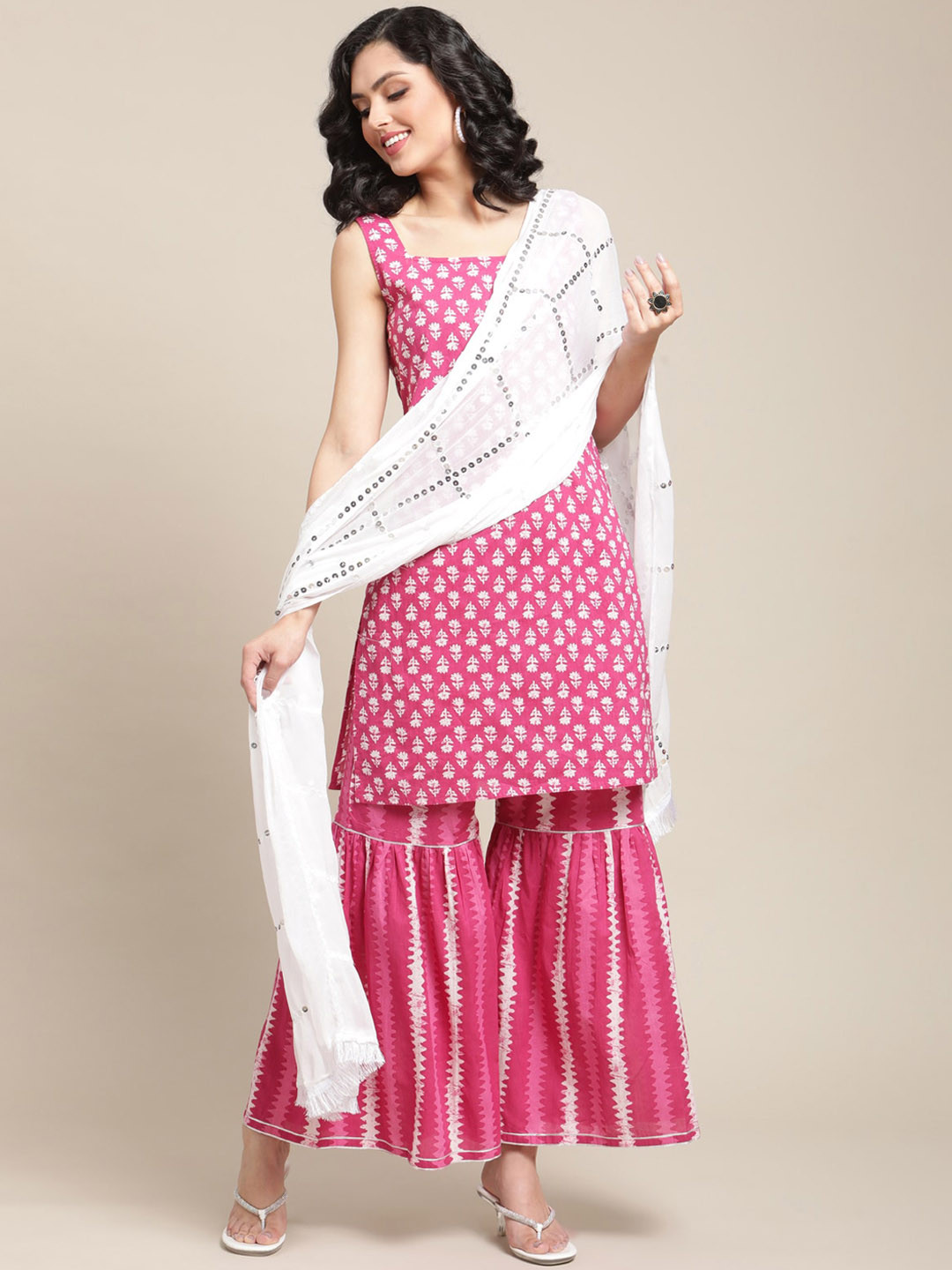 

Varanga Women Pink Floral Printed Sequinned Pure Cotton Kurta with Sharara