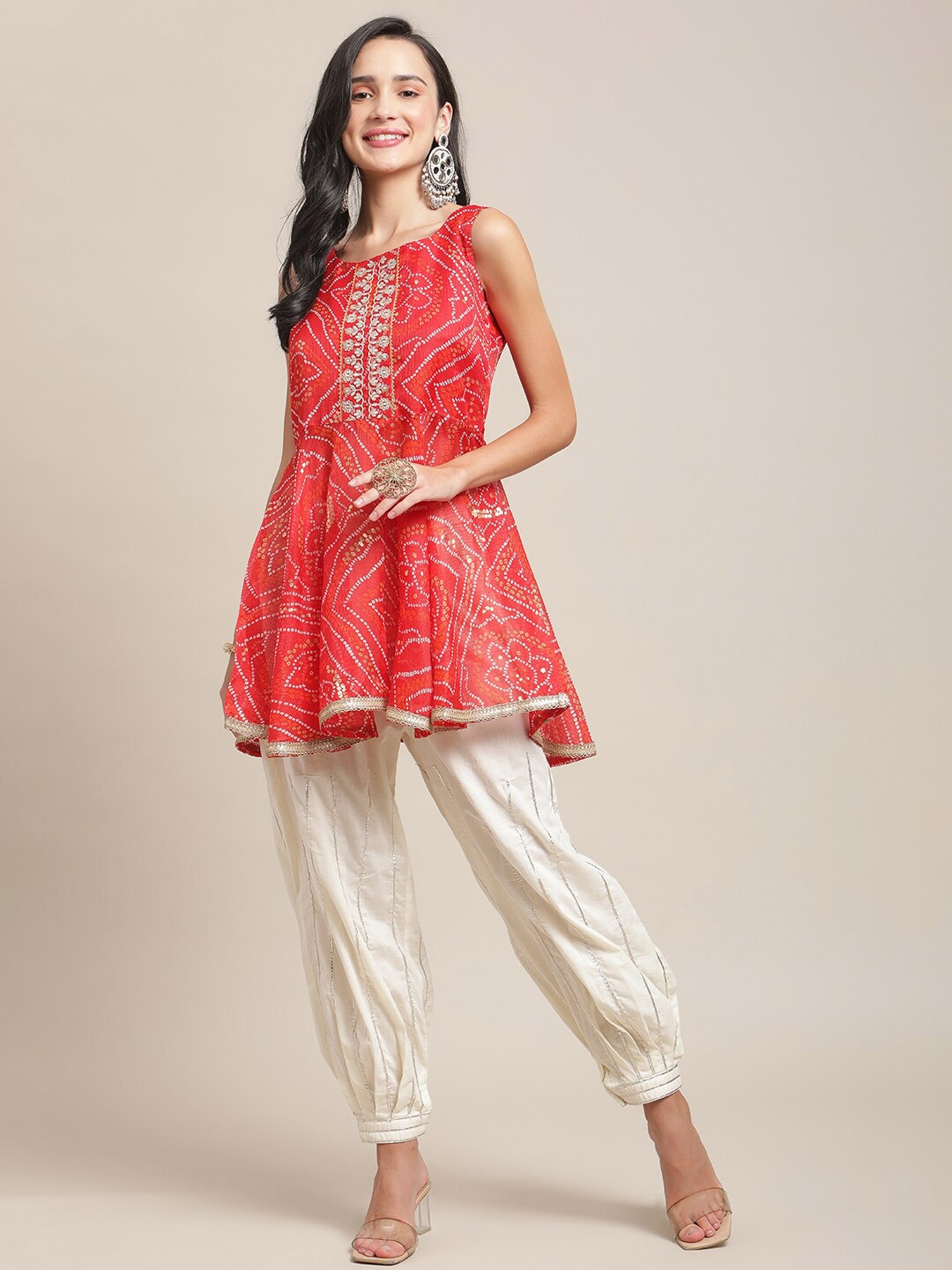 

Varanga Women Red & Off White Printed Empire Kurti with Salwar