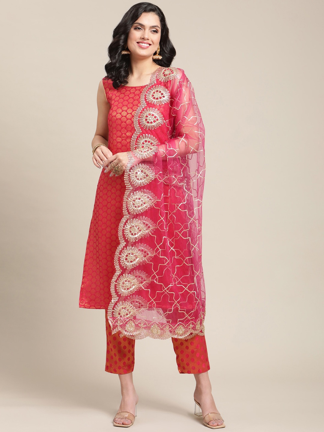 

Varanga Women Pink Ethnic Motifs Regular Gotta Patti Kurta with Trousers & Dupatta