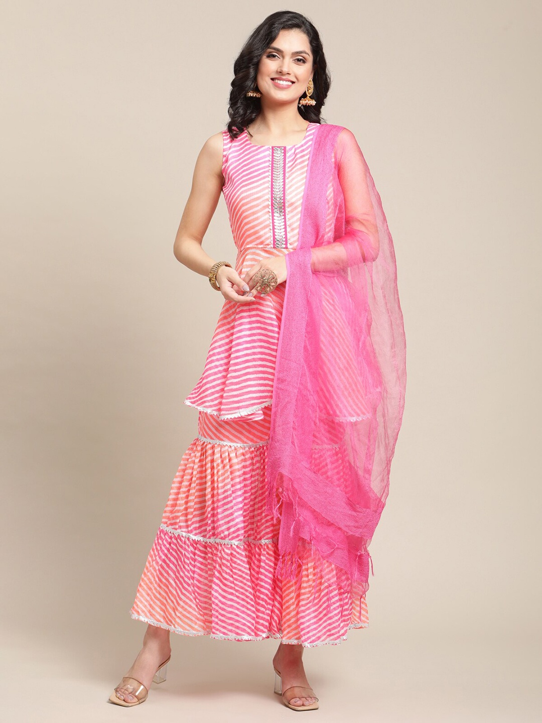 

Varanga Women Pink Leheriya Printed Empire Kurti with Sharara & Dupatta