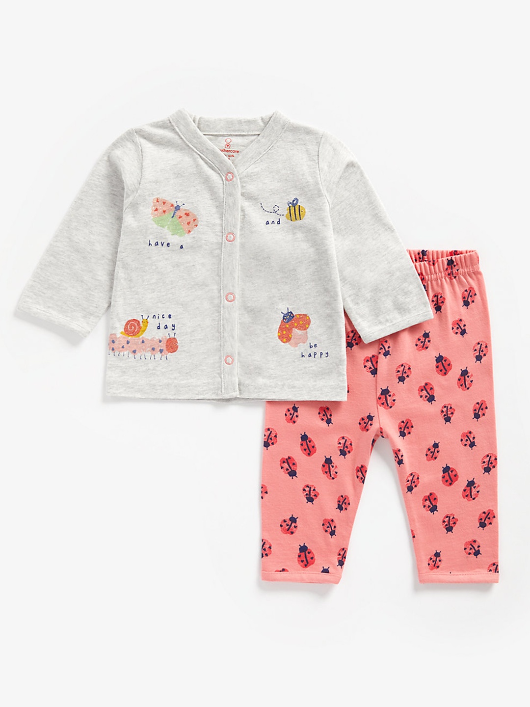 

mothercare Girls Grey & Peach-Coloured Pure Cotton Printed Clothing Set