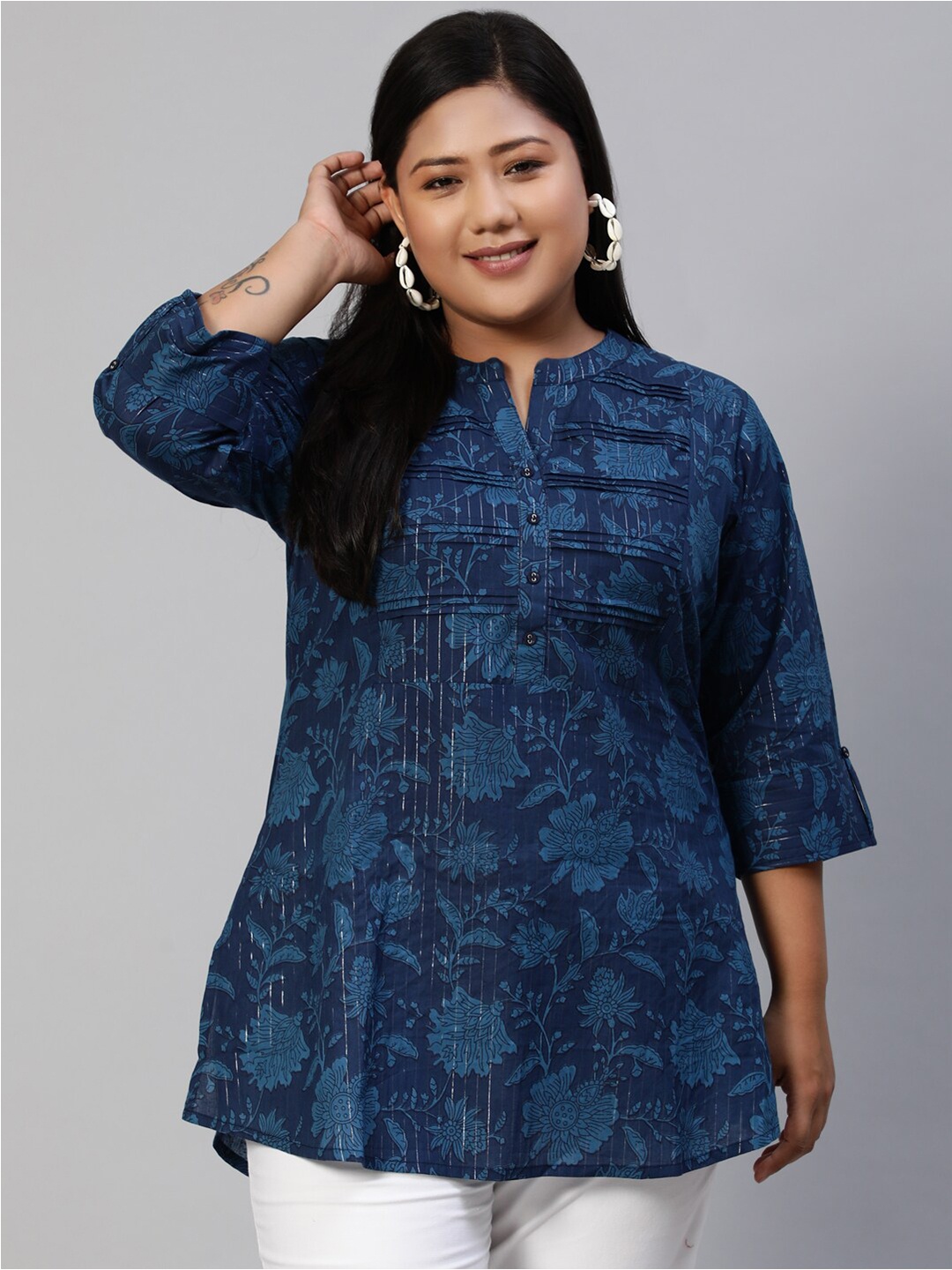 

Nayo Navy Blue Mandarin Collar Plus Printed Tunic