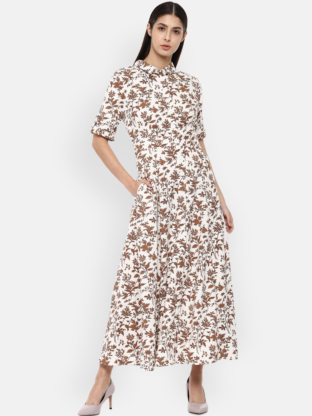 

Van Heusen Woman White & Brown Floral Maxi Dress