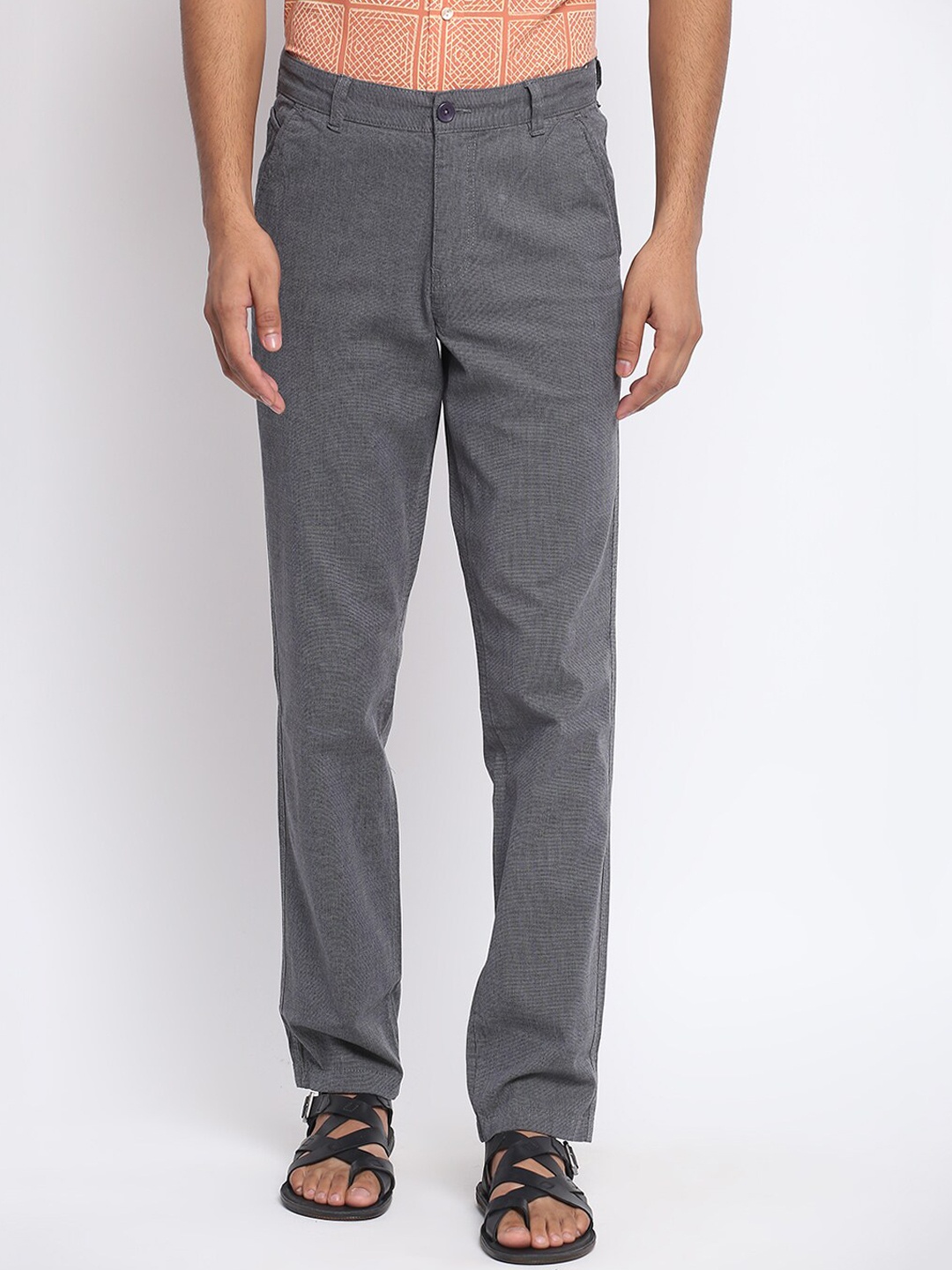

Fabindia Men Grey Textured Slim Fit Formal Trousers