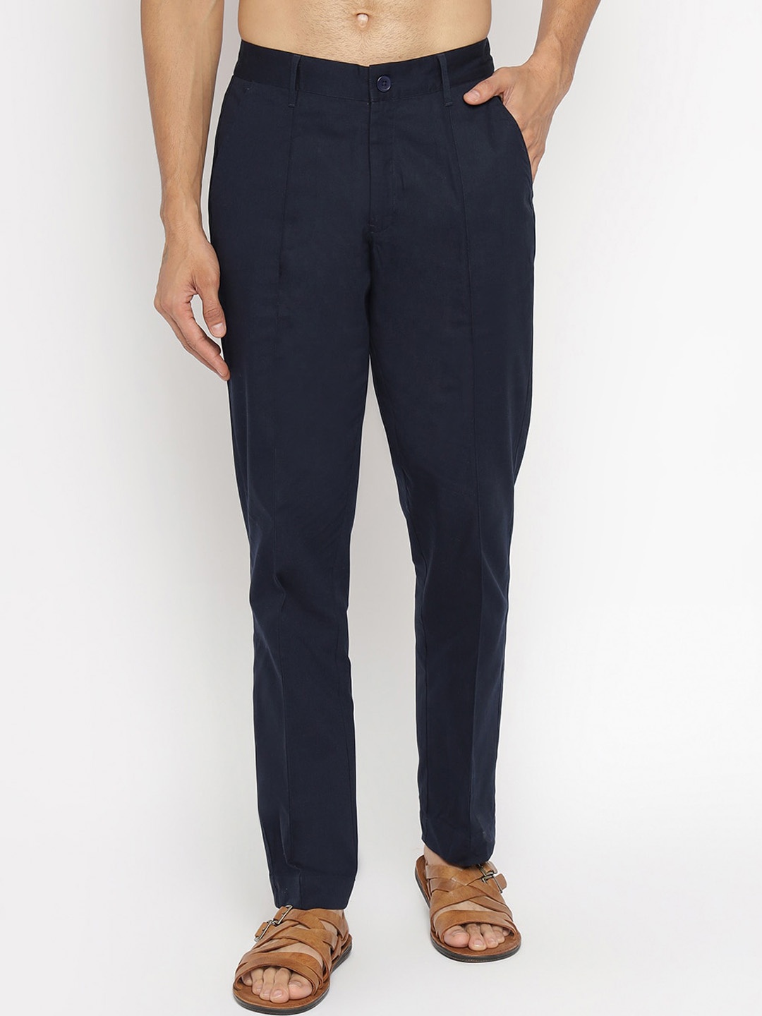 

Fabindia Men Navy Blue Solid Pleated Trousers