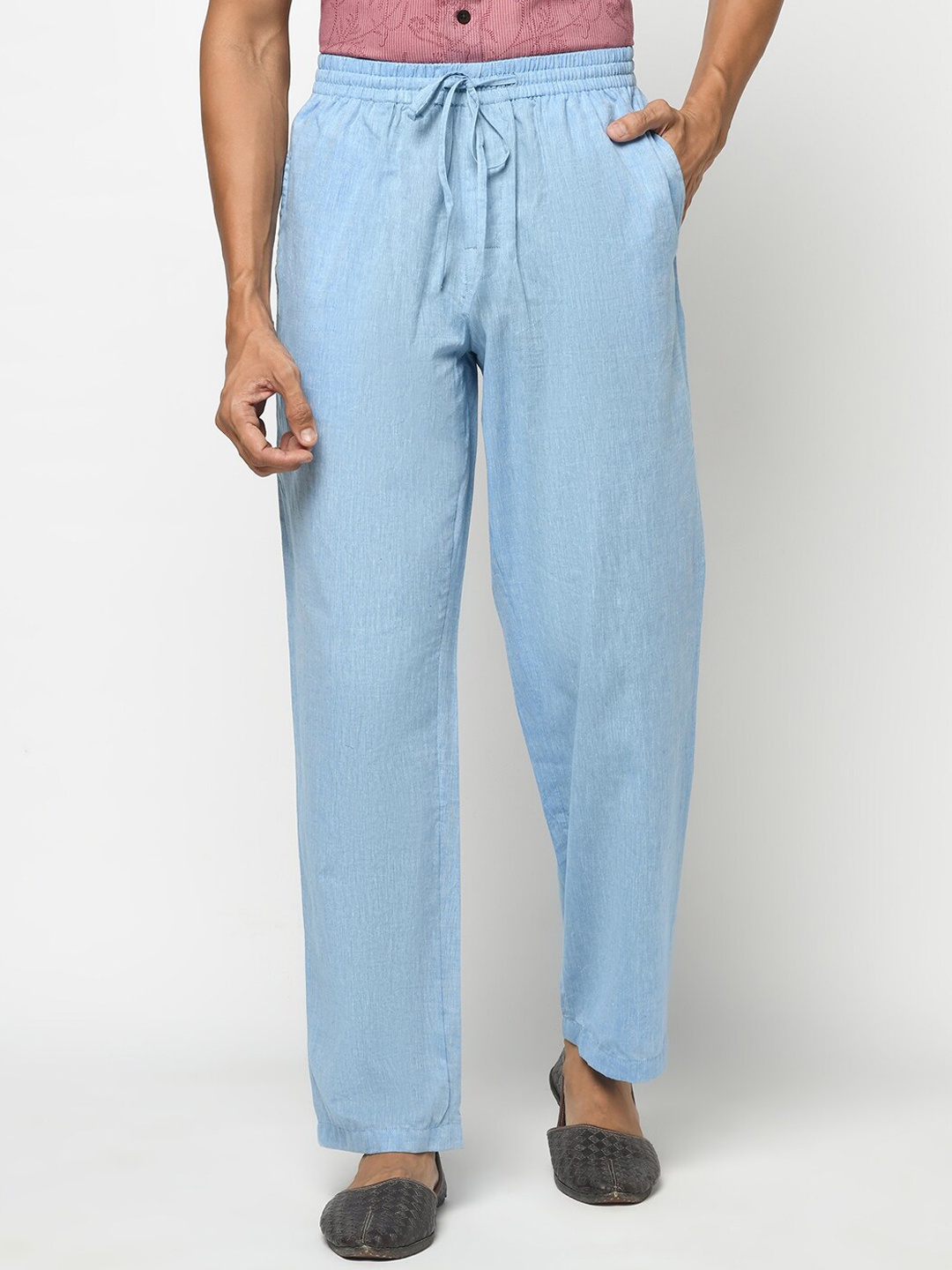 

Fabindia Men Blue Solid Parallel Trousers