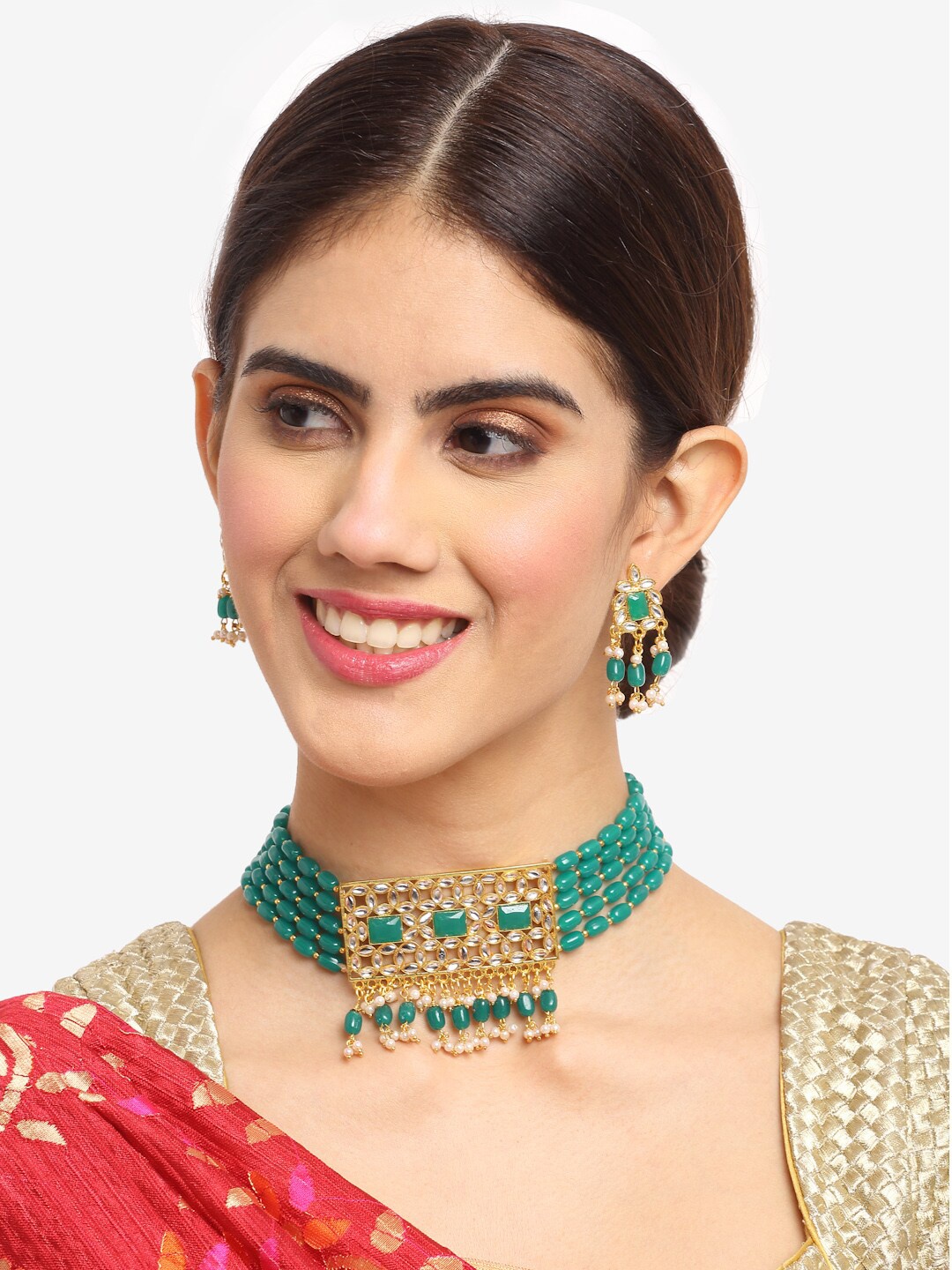 

NEUDIS Gold-Plated Green & White Kundan-Studded & Beaded Handcrafted Jewellery Set