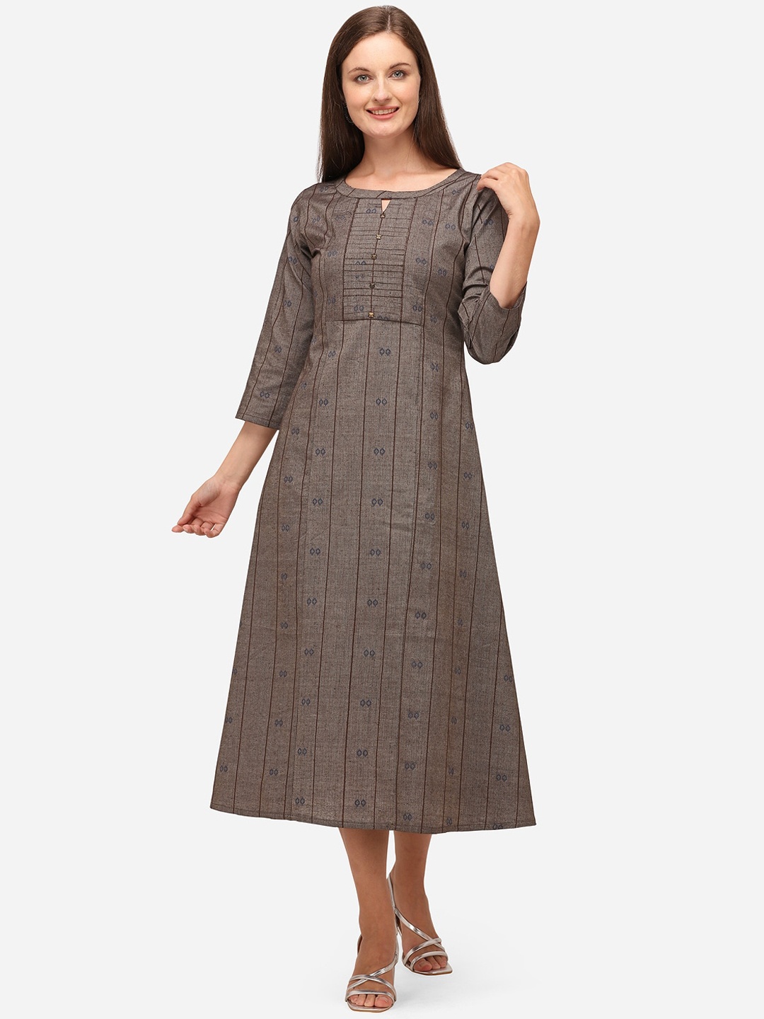 

RAISIN Woven Brown & Blue Keyhole Neck Liva A-Line Midi Dress