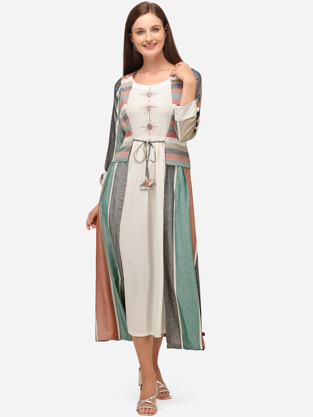 

RAISIN White & Brown Colourblocked Liva A-Line Midi Dress