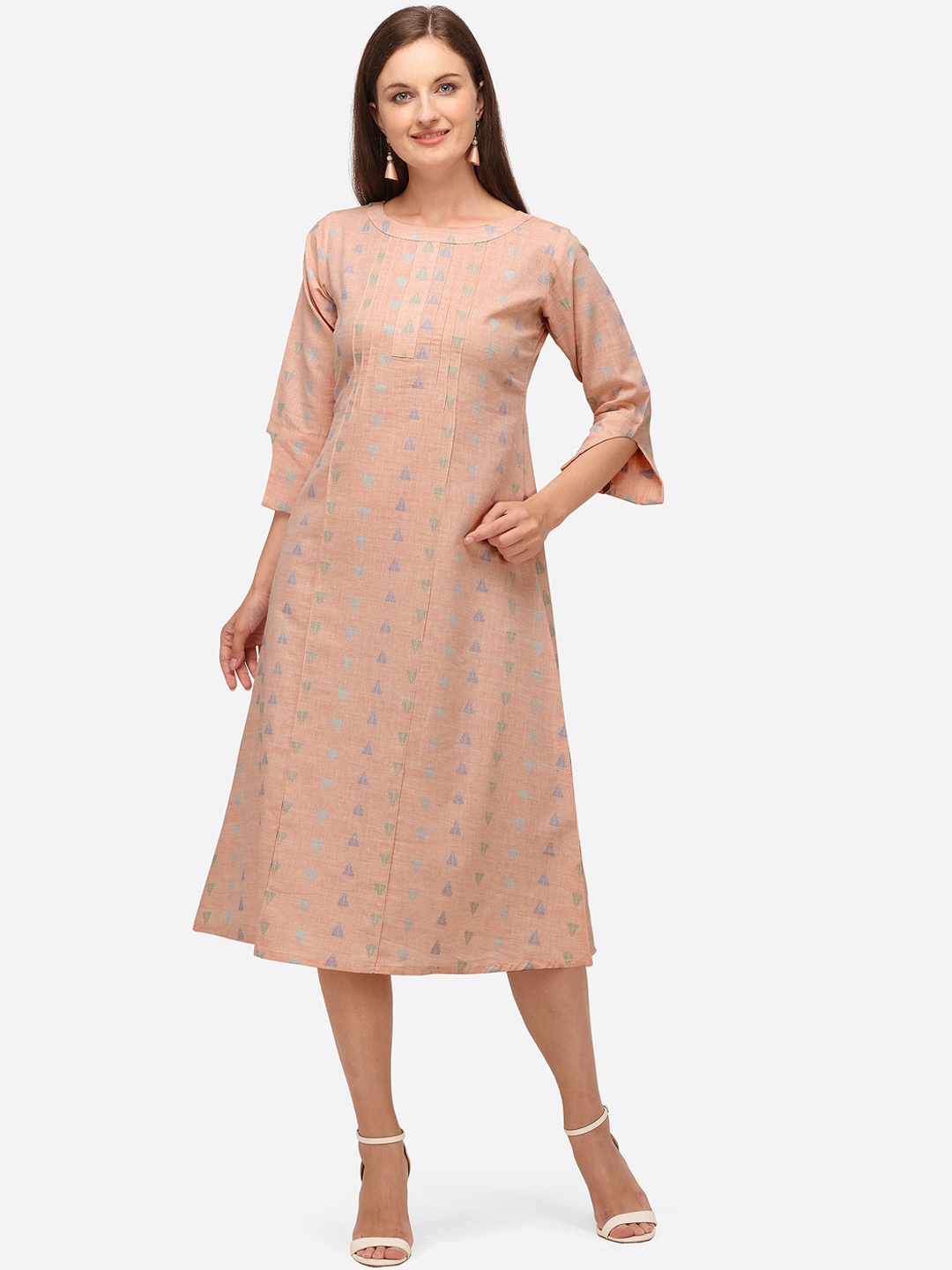 

RAISIN Woven Peach-Coloured & Blue Liva A-Line Midi Dress
