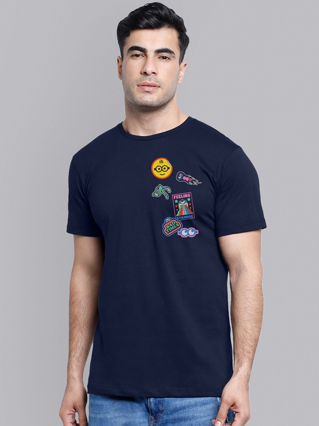 

Free Authority Men Blue Minions Printed Applique Cotton Pure Cotton T-shirt