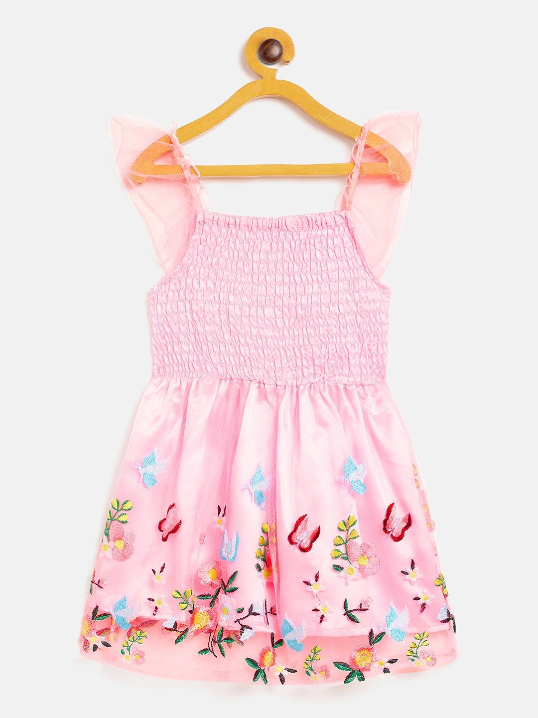 

KIDKLO Girls Pink & Yellow Floral Embroidered Net Dress