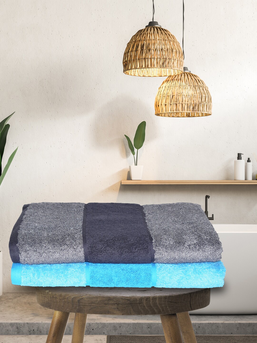 

BIANCA Set of 2 Grey & Blue Cotton Ultra-Fluffy Bath Towels