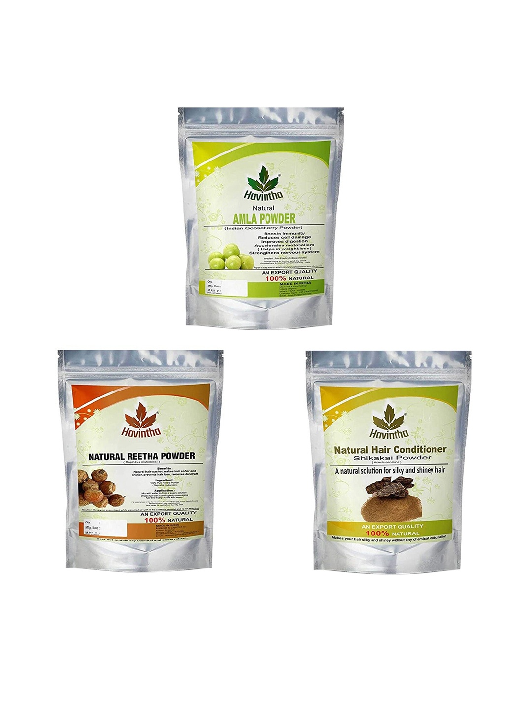 

Havintha Amla, Reetha, Shikakai Powder for Hair Wash Combo Pack - 227 Gm Each, Green