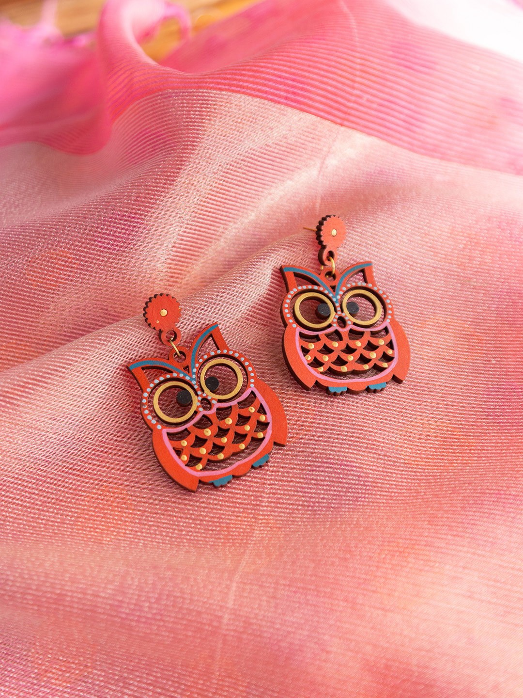 

ExclusiveLane Symphony of Owls Bohemian Wooden Earrings, Red