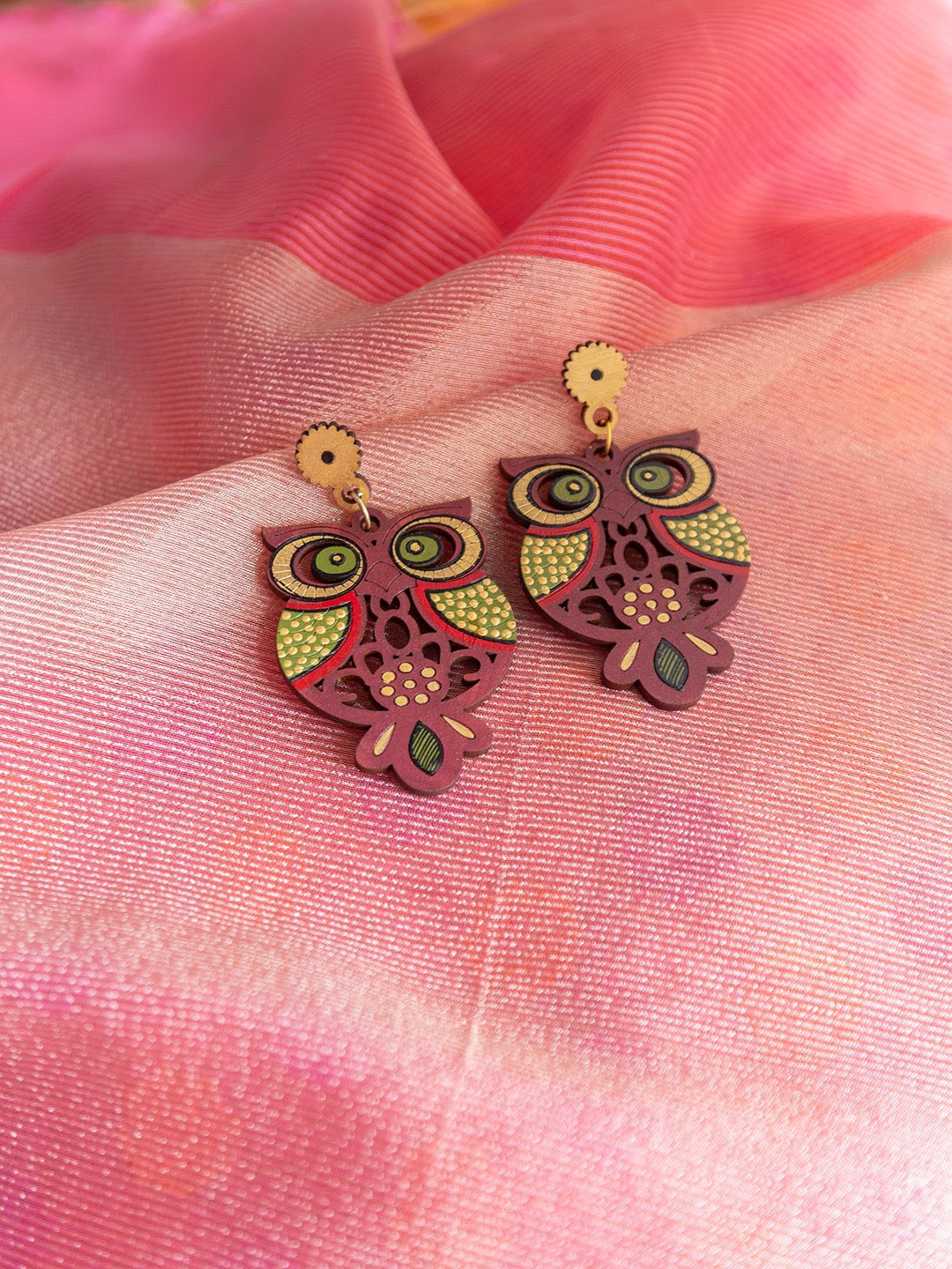 

ExclusiveLane Brown Symphony of Owls Bohemian Handpainted Wooden Earrings