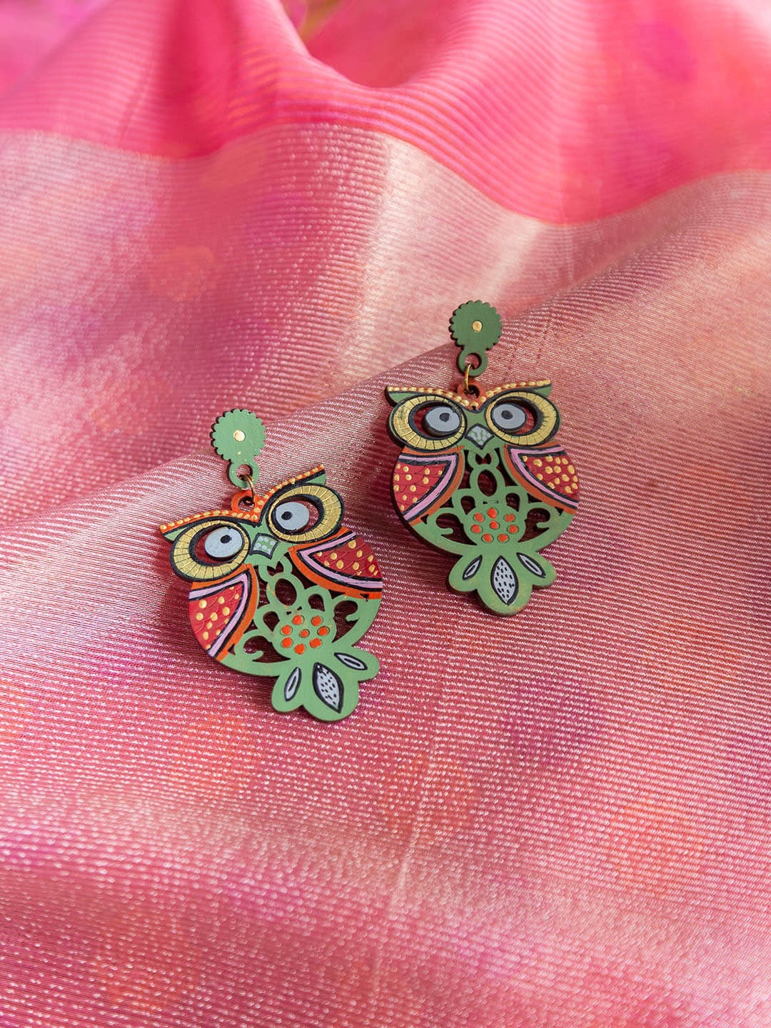 

ExclusiveLane Green Symphony Of Owls Bohemian Hand-Painted Wooden Earrings