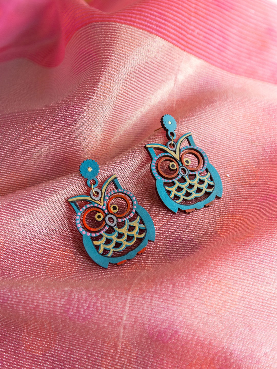 

ExclusiveLane Blue Symphony Of Owls Bohemian Hand-Painted Wooden Earrings