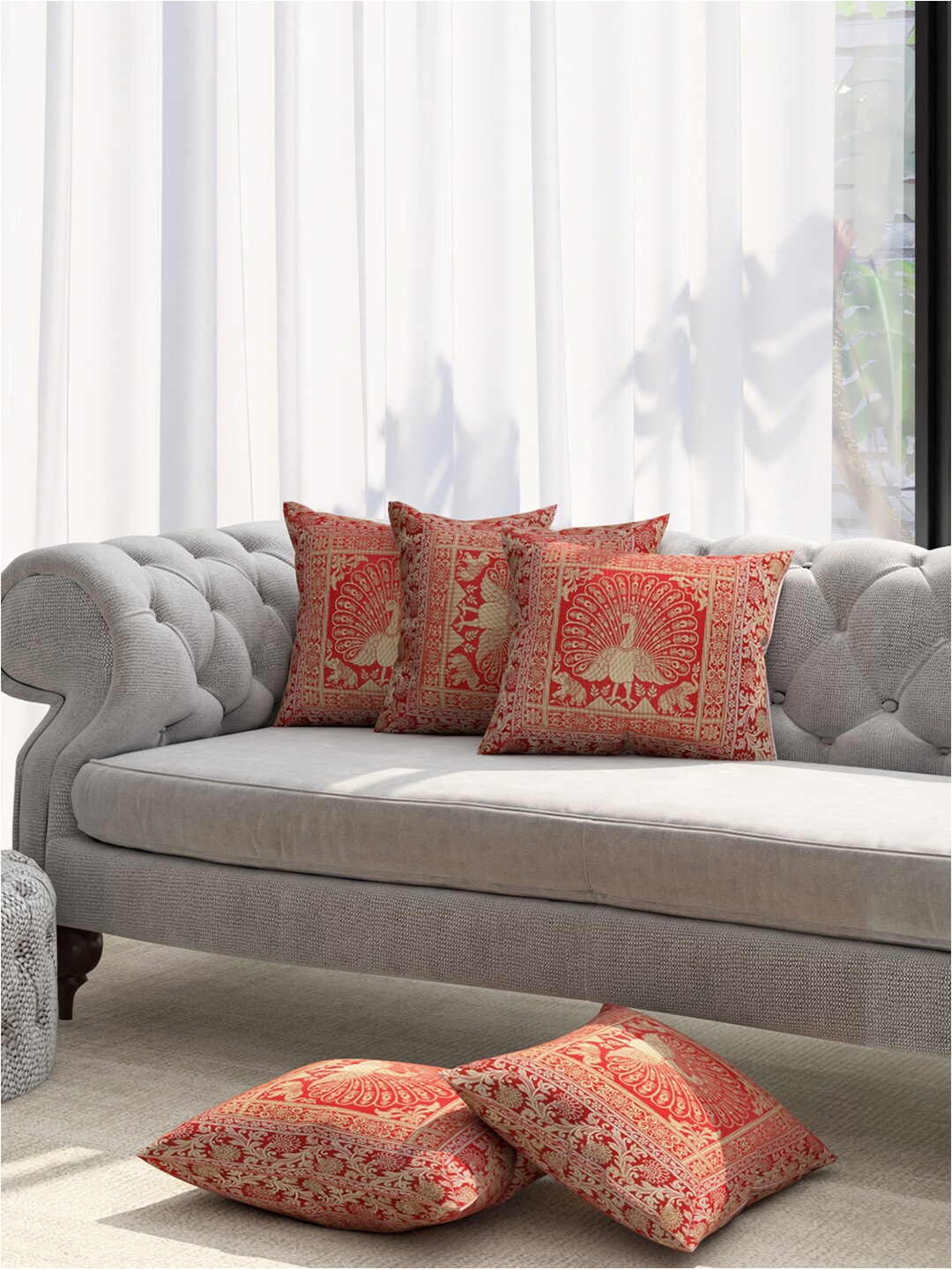 

TAG 7 Red & Gold-Toned Set of 5 Ethnic Motifs Square Cushion Covers