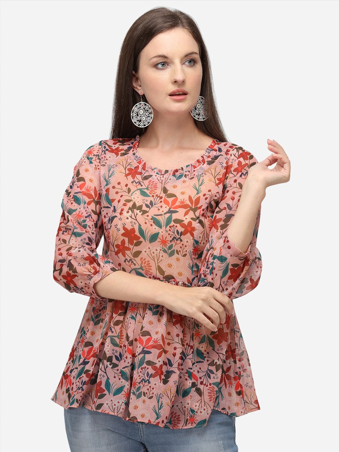 

RAISIN Women Peach Floral Printed Georgette A-Line Tunic