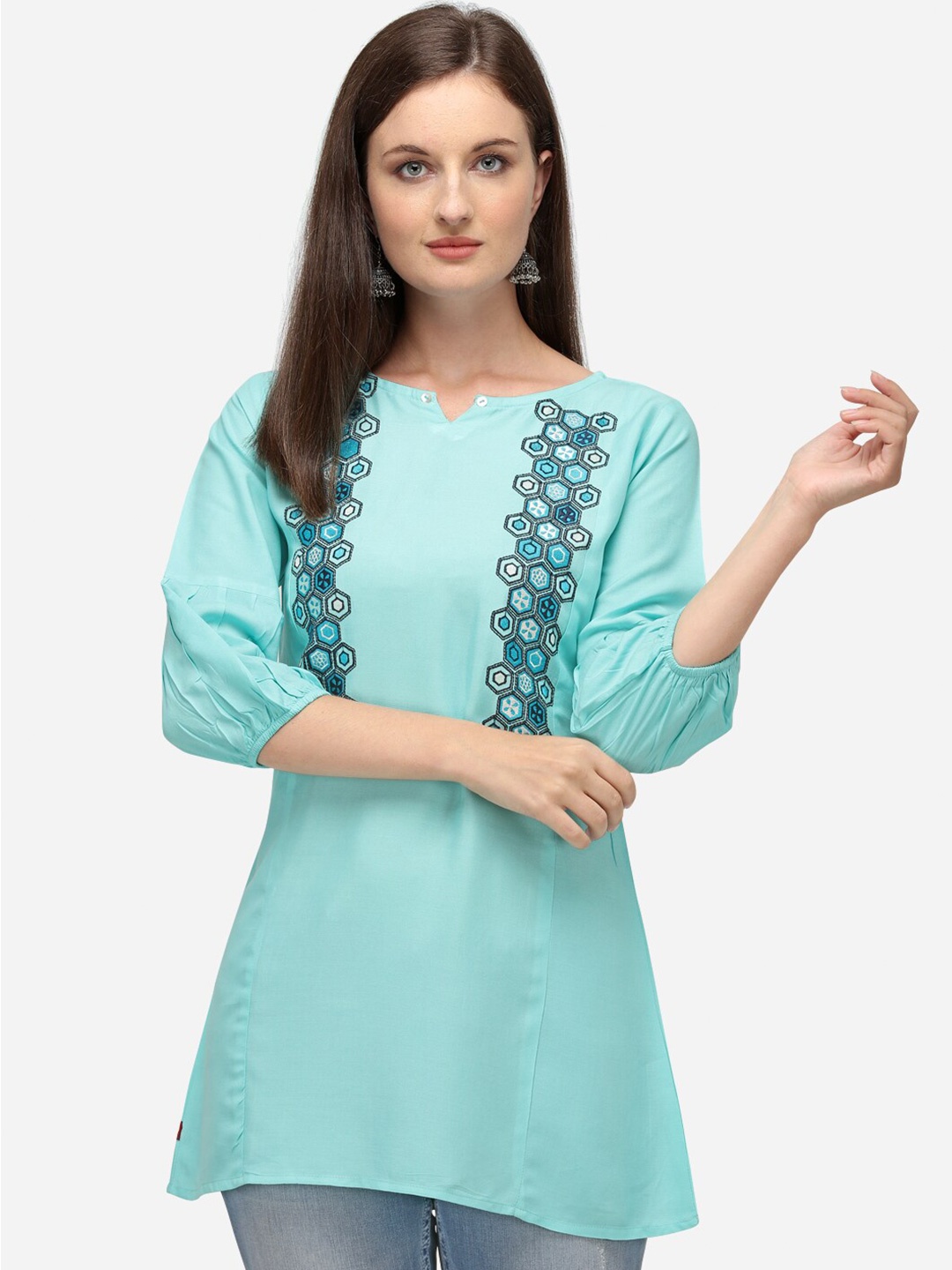 

RAISIN Women Blue Embroidered Straight Tunic