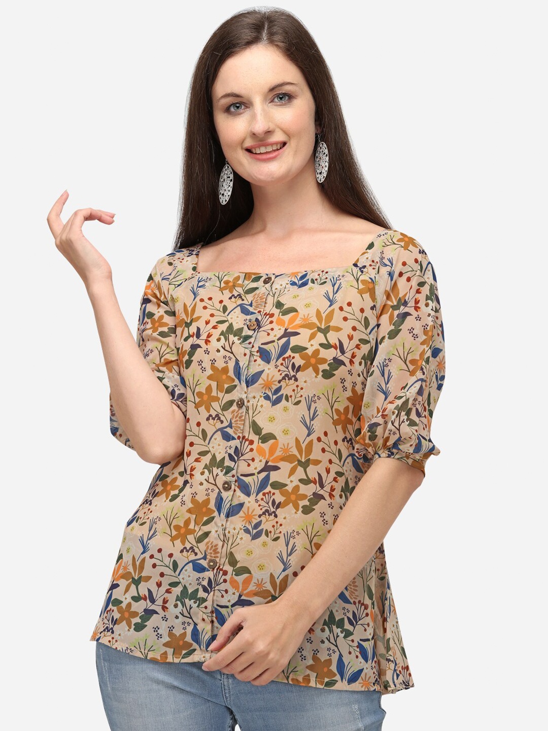 

RAISIN Women Cream-Coloured Floral Printed Georgette A-Line Tunic