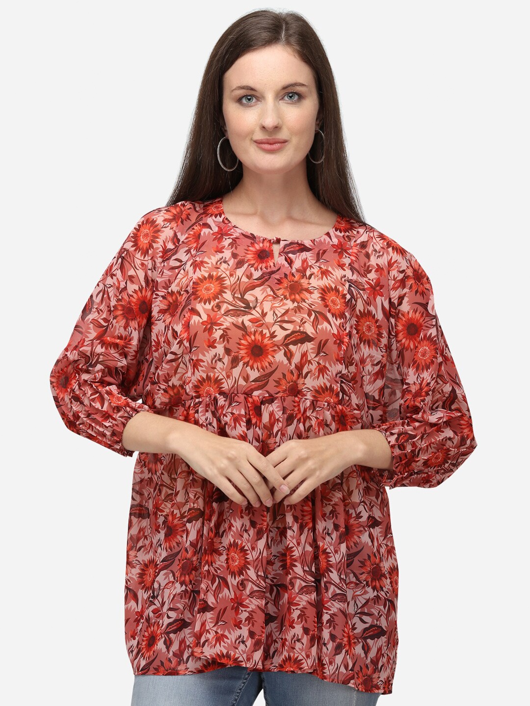 

RAISIN Women Coral Floral Printed Georgette A-Line Tunic