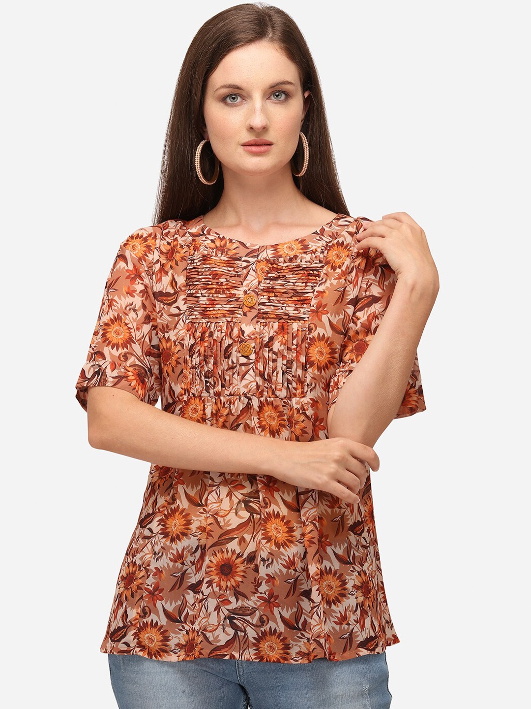 

RAISIN Women Orange Floral Printed Georgette A-Line Tunic