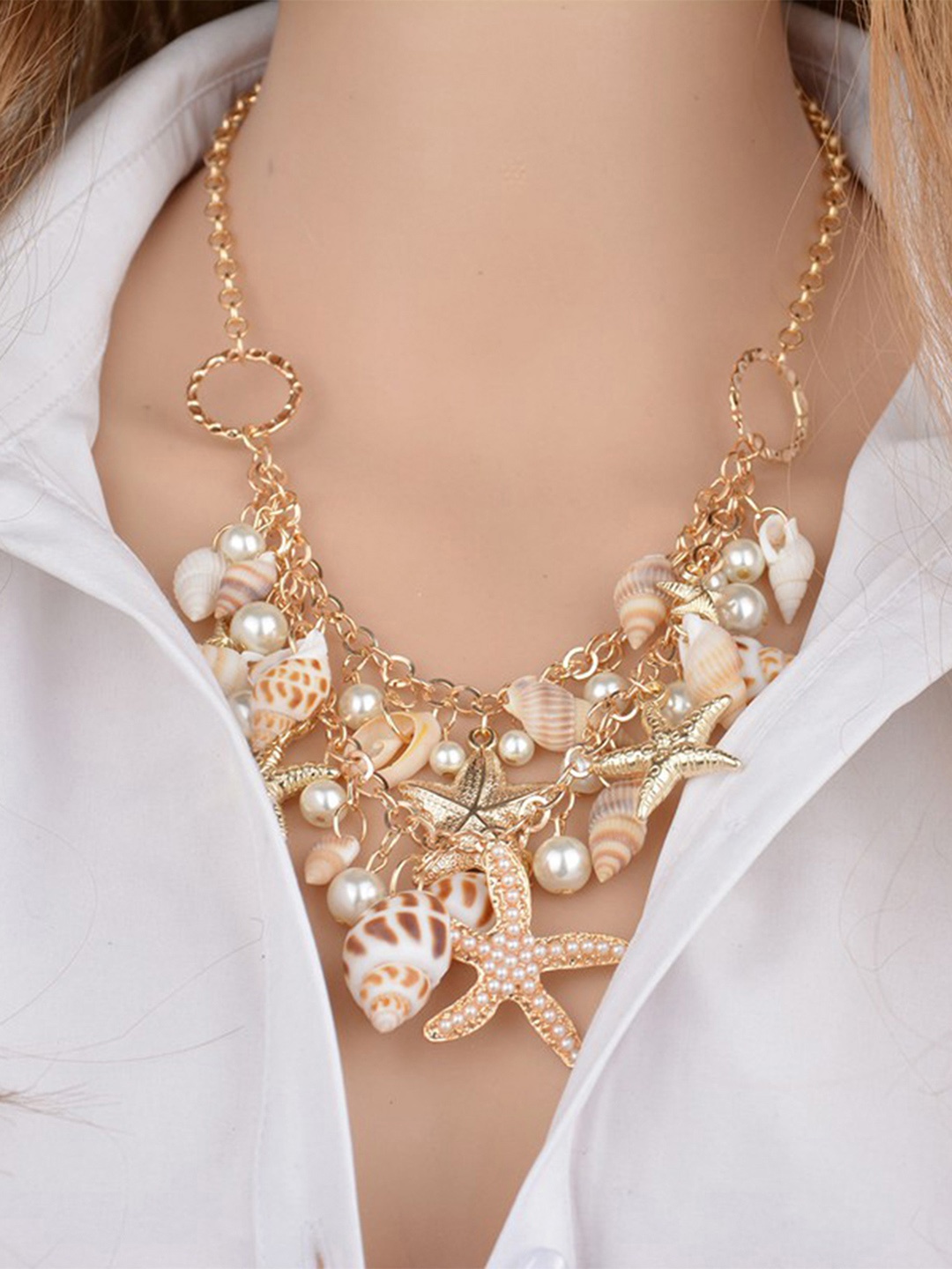 

Yellow Chimes Gold-Toned & White Sea Shell Starfish Pearls Hanging Choker Necklace