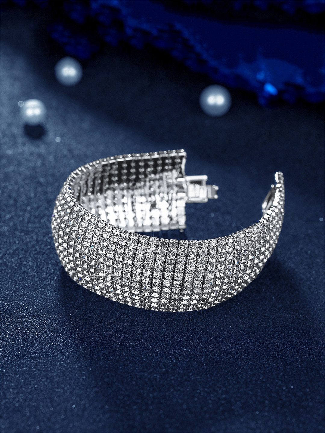

Yellow Chimes Women Silver-Toned & White Crystals Rhodium-Plated Cuff Bracelet