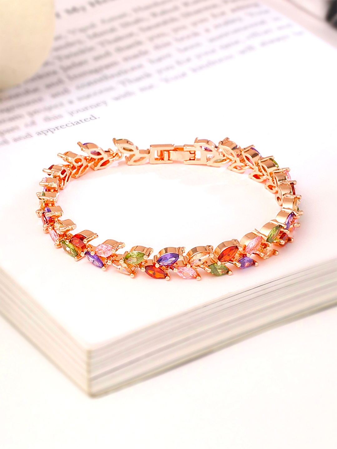 

Yellow Chimes Women Rose Gold & Red Leafy Crystal Cubic Zirconia Link Bracelet