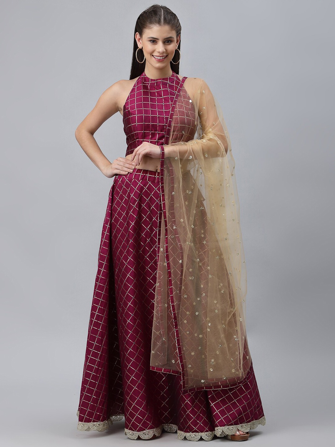 

studio rasa Purple & Beige Semi-Stitched Lehenga & Unstitched Blouse With Dupatta