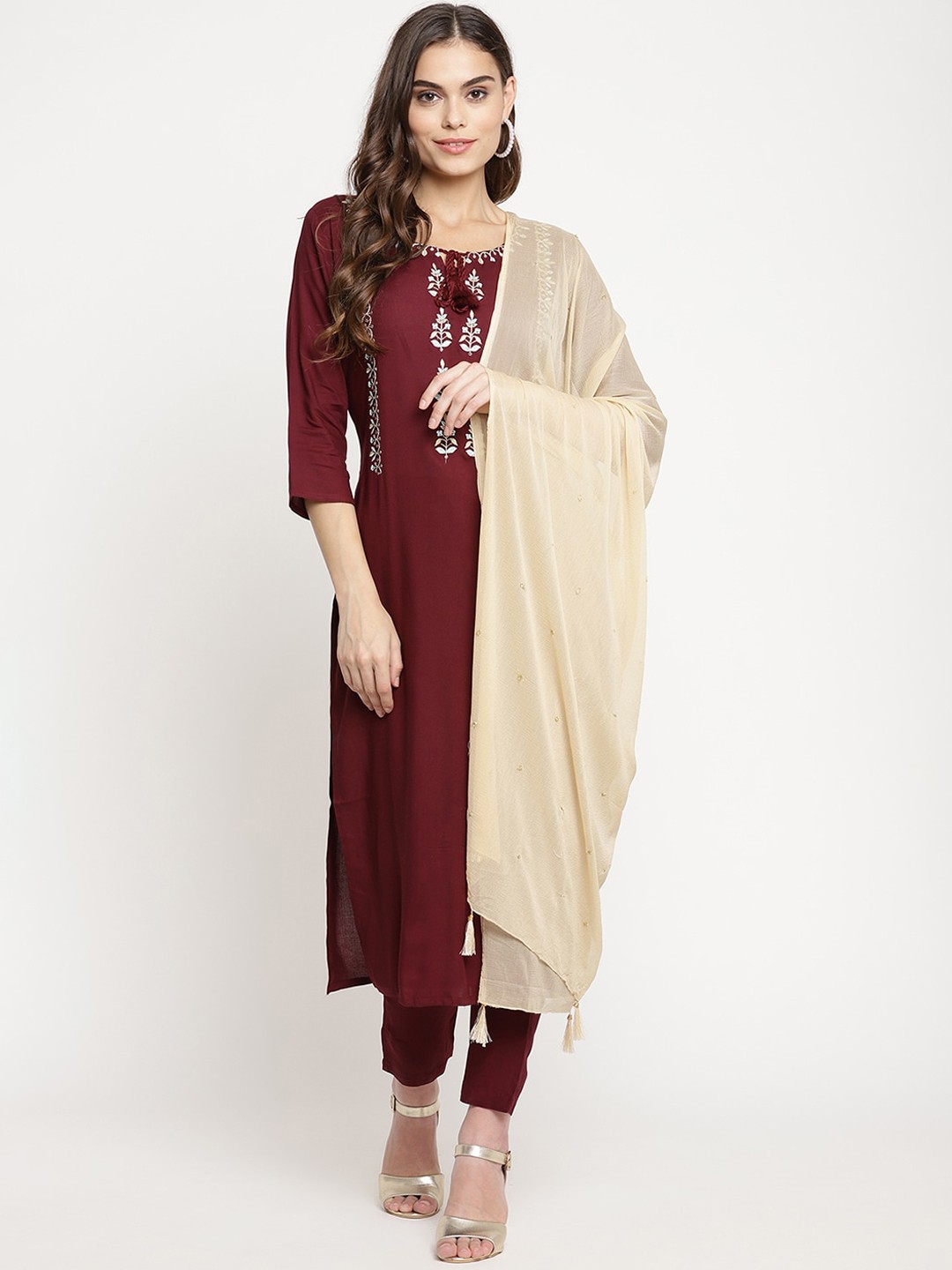 

Sringam Women Maroon Floral Embroidered Panelled Kurti with Trousers & With Dupatta