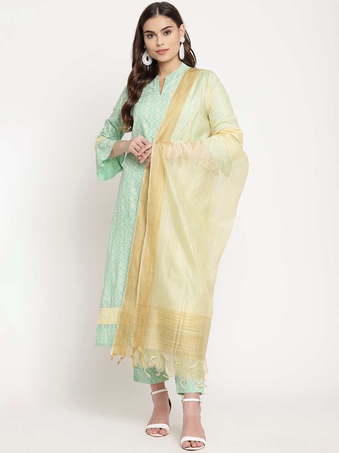 

Sringam Women Green Ethnic Motifs Printed Regular Kurta with Trousers & With Dupatta