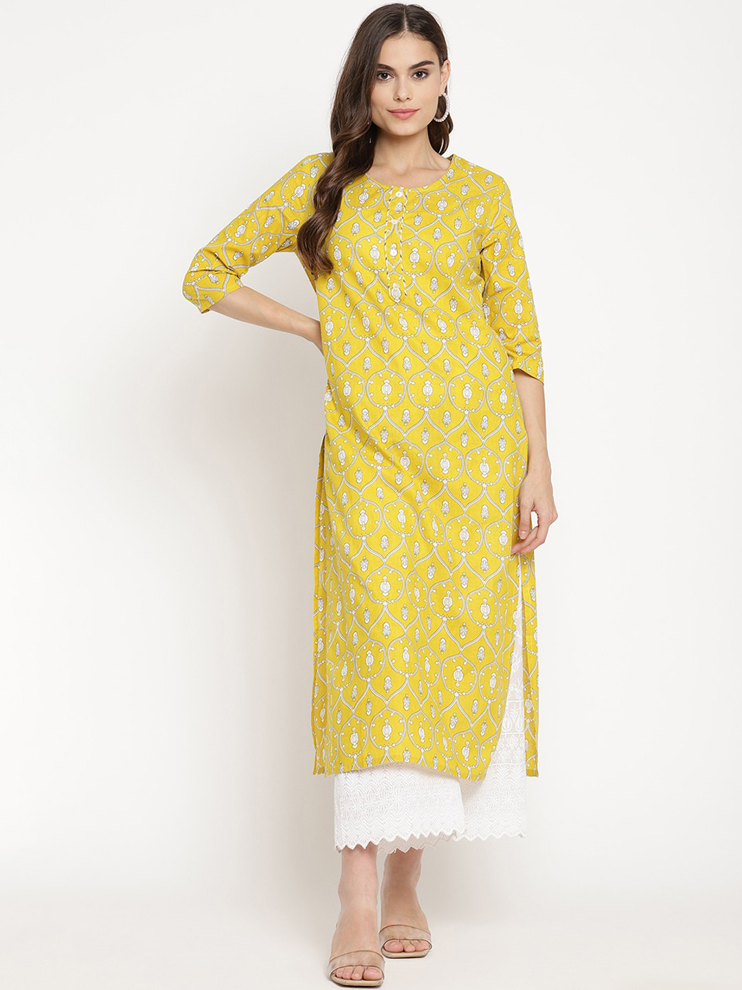 

Sringam Women Yellow & White Floral Printed Kurta