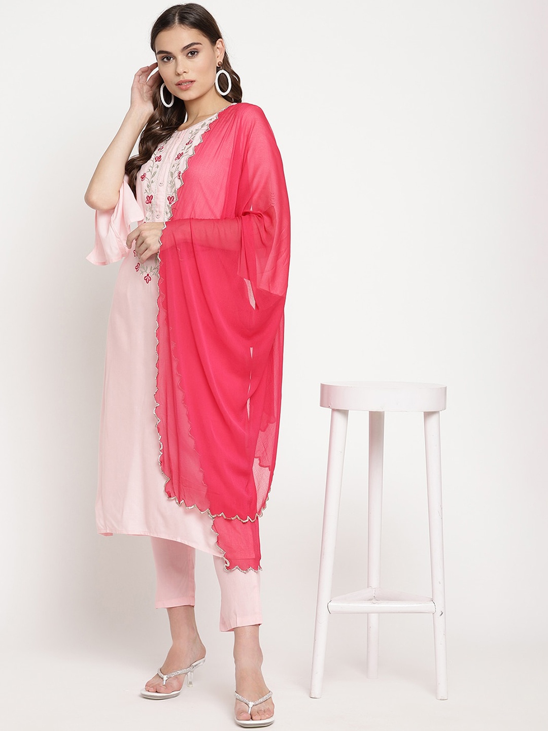 

Sringam Women Pink Yoke Design Regular Kurta with Trousers & Dupatta