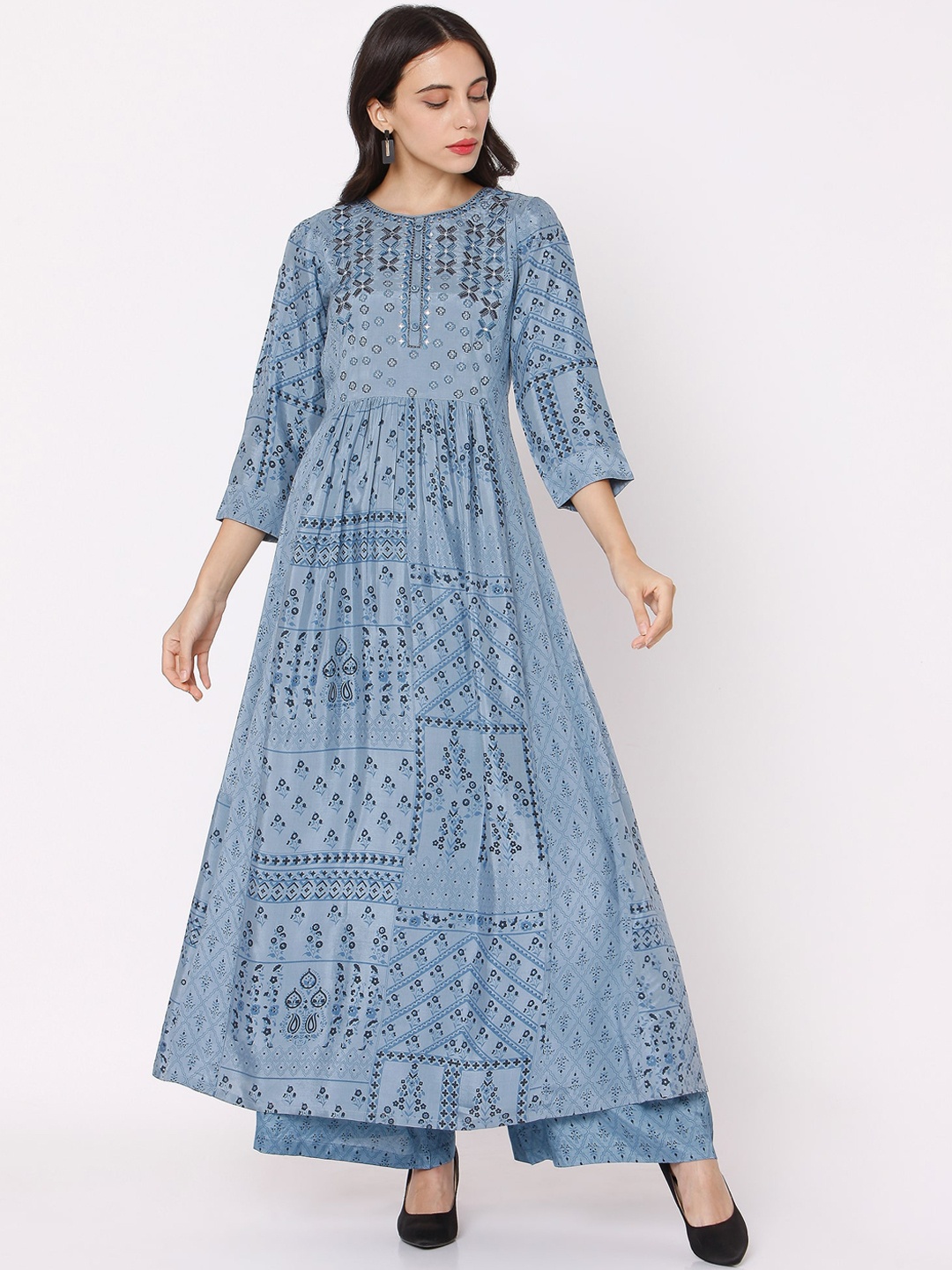 

Ojas Designs Women Blue Ethnic Motifs Printed Pleated Kurti with Palazzos