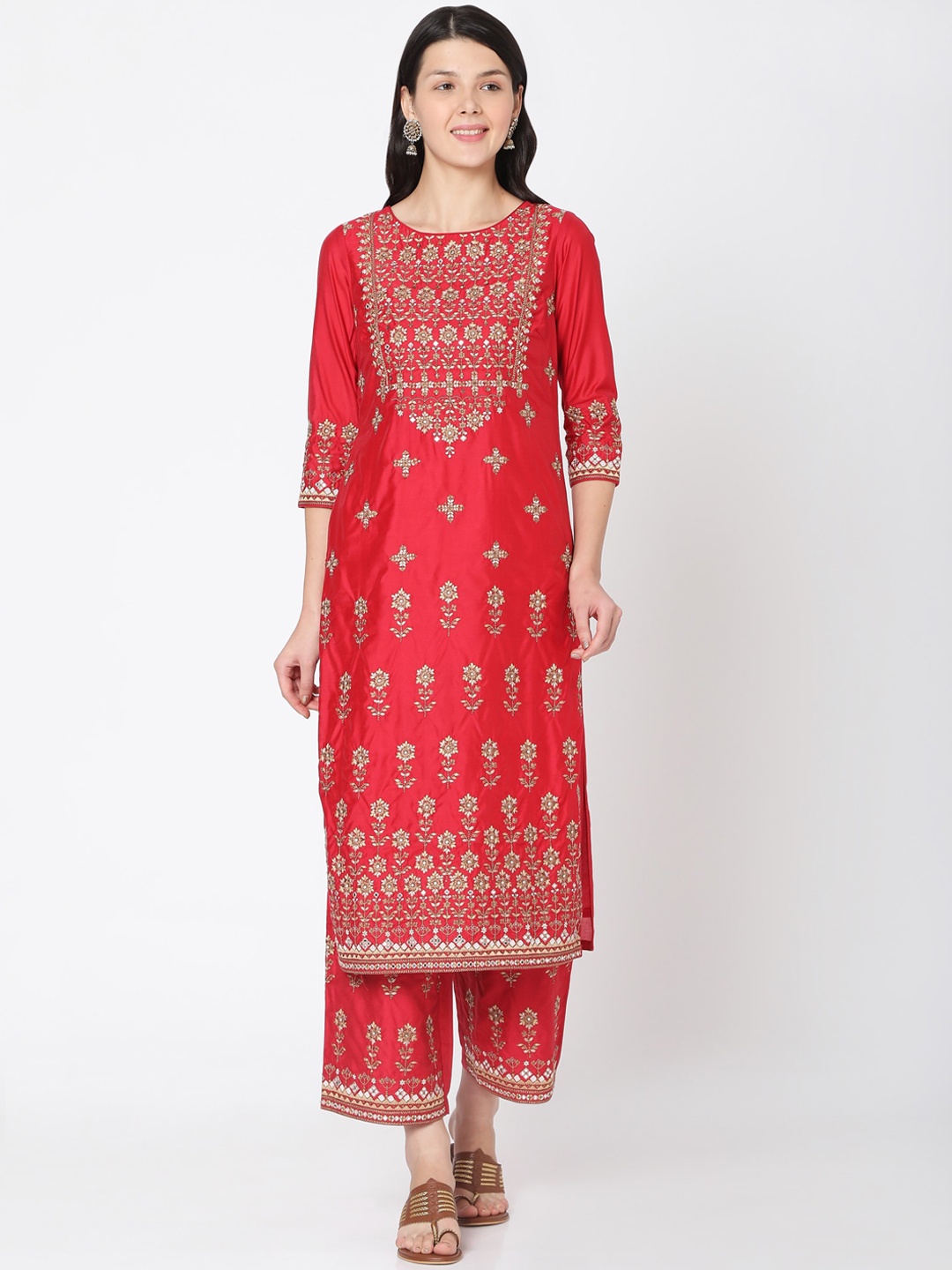 

Ojas Designs Women Red Ethnic Motifs Embroidered Regular Thread Work Chanderi Silk Kurta with Palazzos