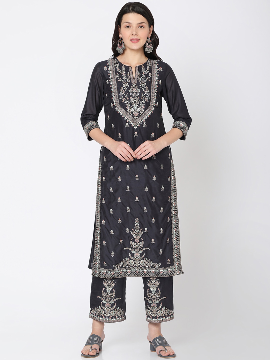 

Ojas Designs Women Navy Blue Floral Embroidered Chanderi Silk Kurta with Trousers