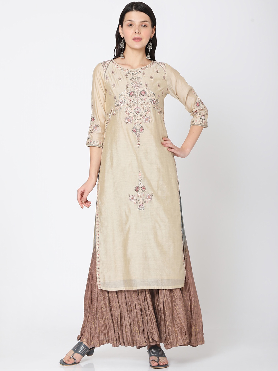 

Ojas Designs Women Beige Floral Embroidered Regular Chanderi Silk Kurta with Sharara