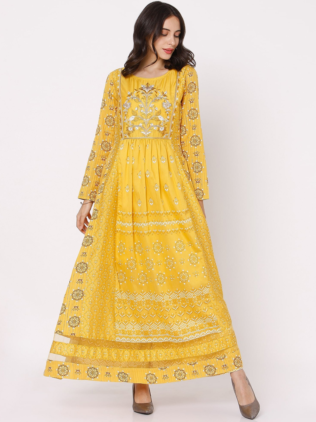 

Ojas Designs Women Yellow Floral Embroidered Pleated Kurta with Palazzos