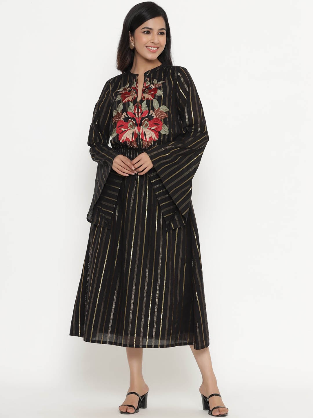 

Readiprint Fashions Black Striped A-Line Midi Dress
